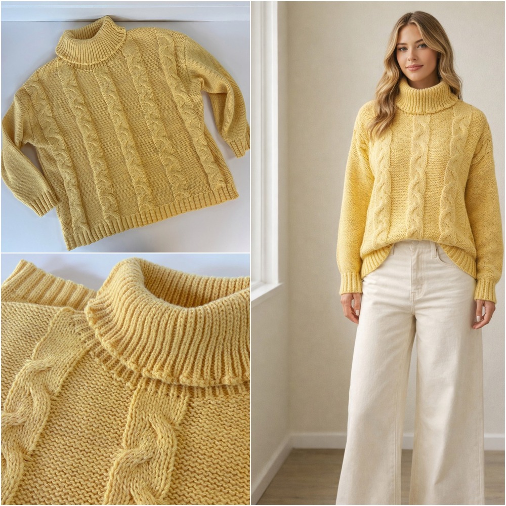 Vintage 90s Chunky Cable Knit Turtleneck Sweater XL Butter Yellow Fisherman Cozy